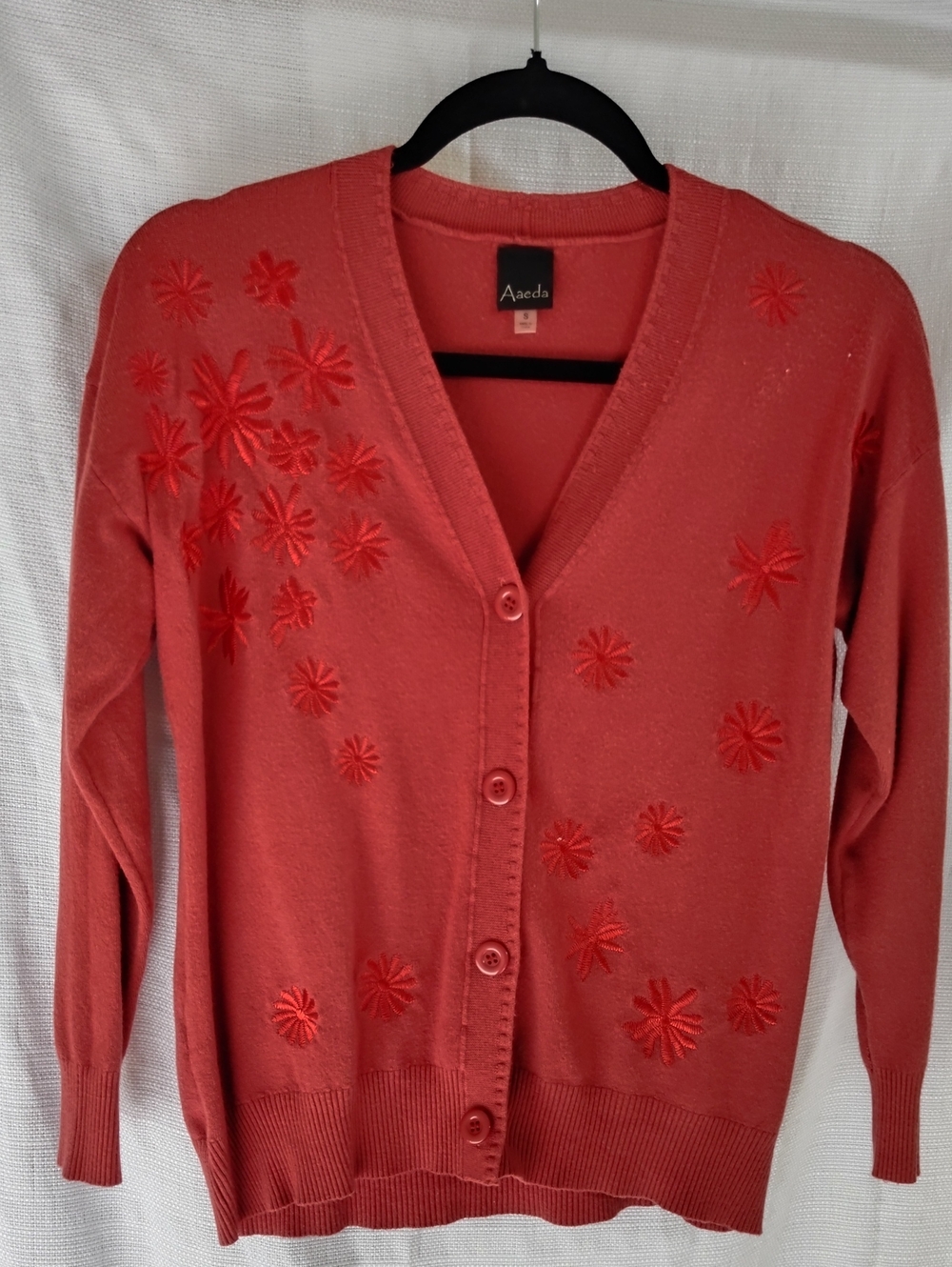 Aaeda Burnt Orange V-Neck Embroidered Floral Cardigan Sweater Small